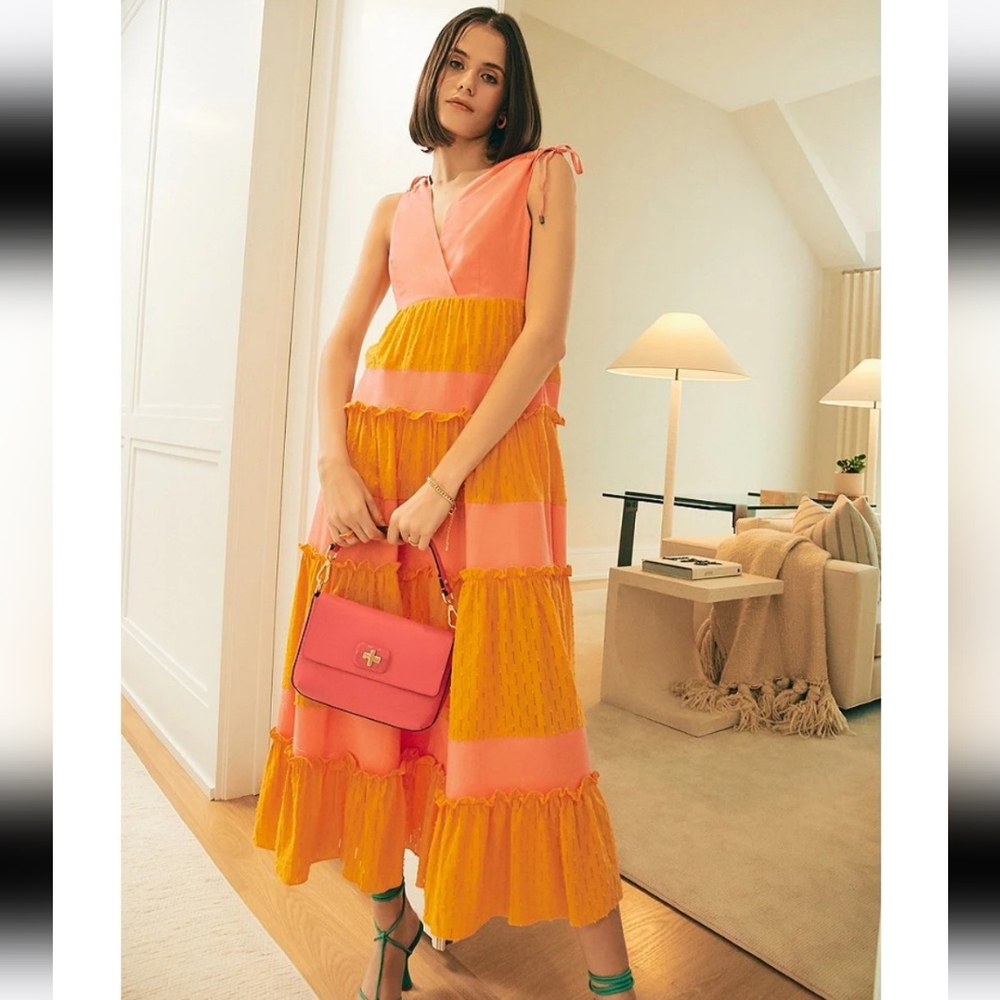 LDT colorblock v neck tiered maxi dress